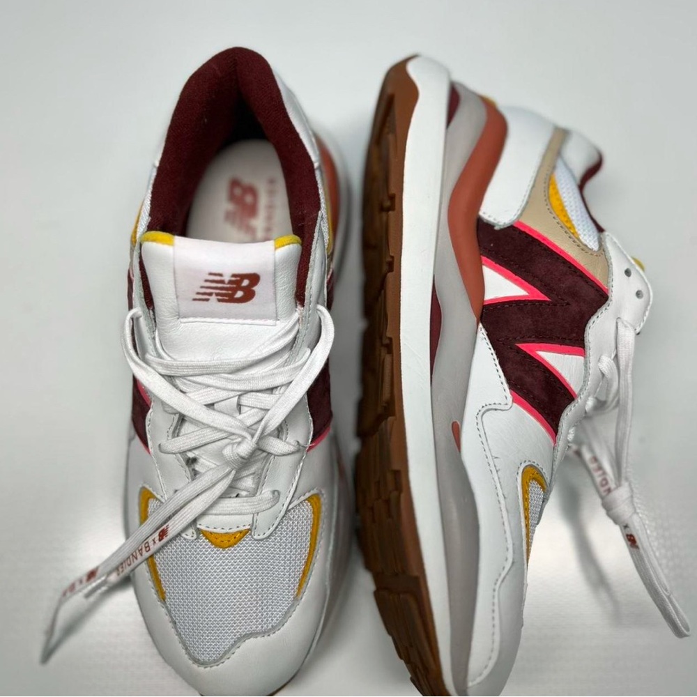 New Balance x Bandier White and Red Sneakers with Yellow Accents